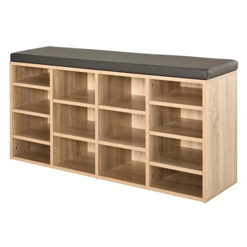 Shoe Storage Bench with 14 Compartments and Padded Seat - Brown