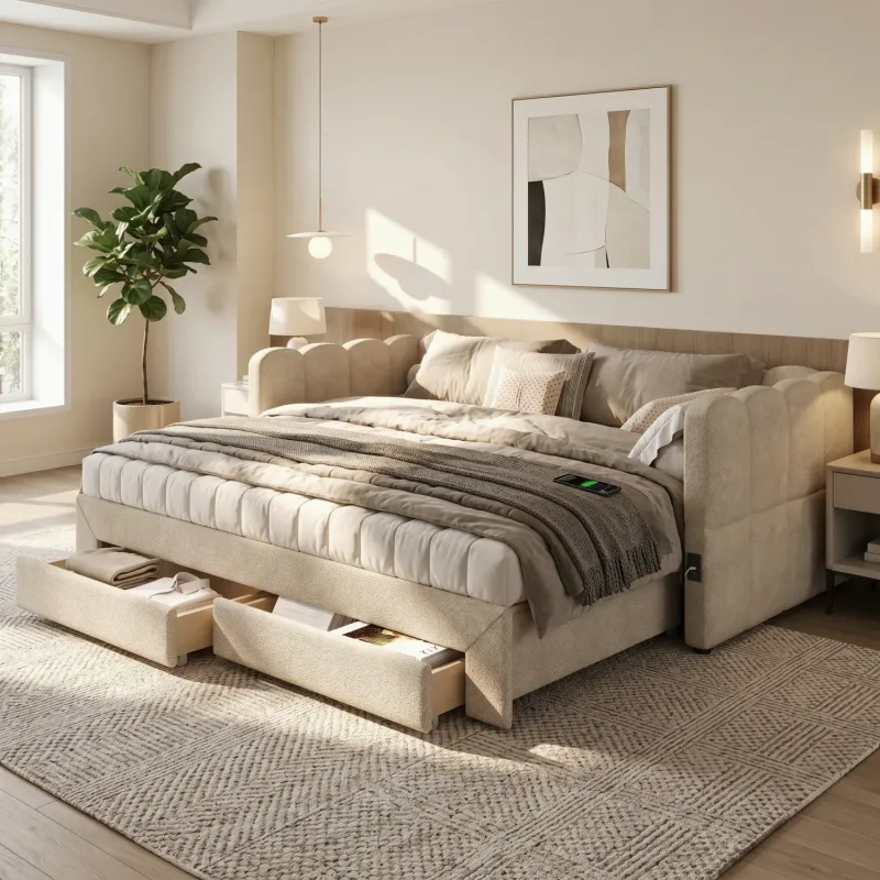 Chenille Upholstered Daybed, Single, in Beige, with Pull-Out Guest Bed and Storage