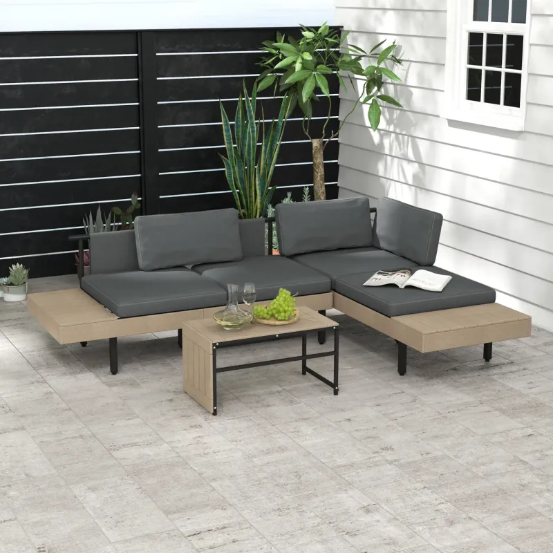  3-Piece L-Shaped Garden Corner Sofa Set with Coffee Table - Grey
