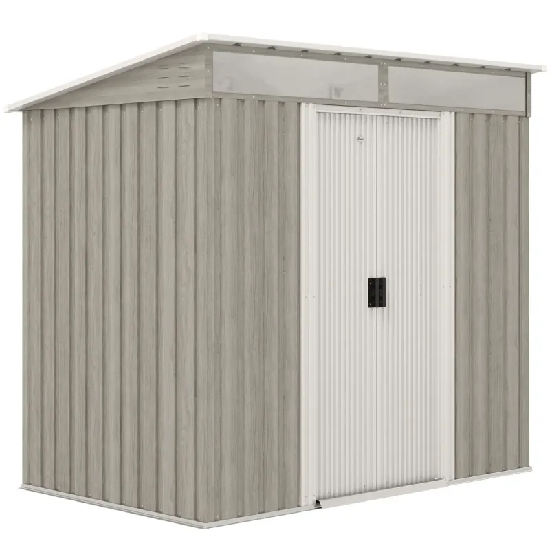  6.5 x 4ft Galvanised Metal Garden Shed with Foundation Kit & Lockable Doors - Light Grey Wood Effect