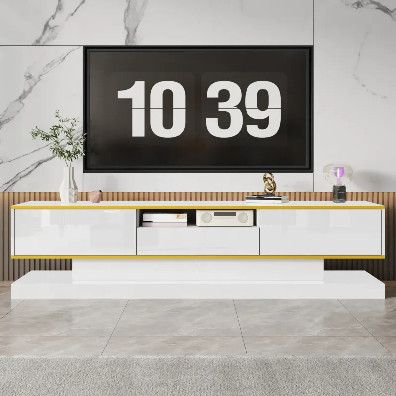High Gloss TV Unit, 180cm, in White, with 3 Drawers and LED Lights