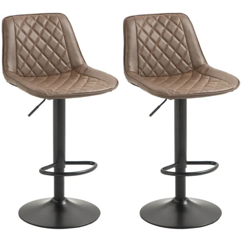 Bar Stool, Set of 2, Faux Leather in Brown with Adjustable Height and Swivel