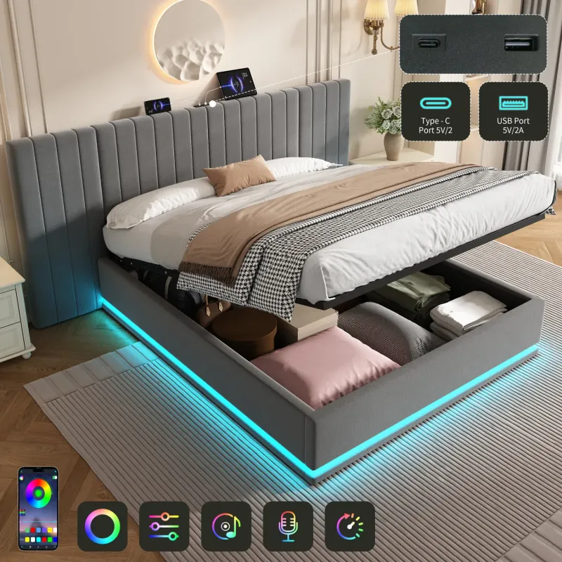 King Size Grey Velvet Ottoman Bed with LED Lighting and USB Charging