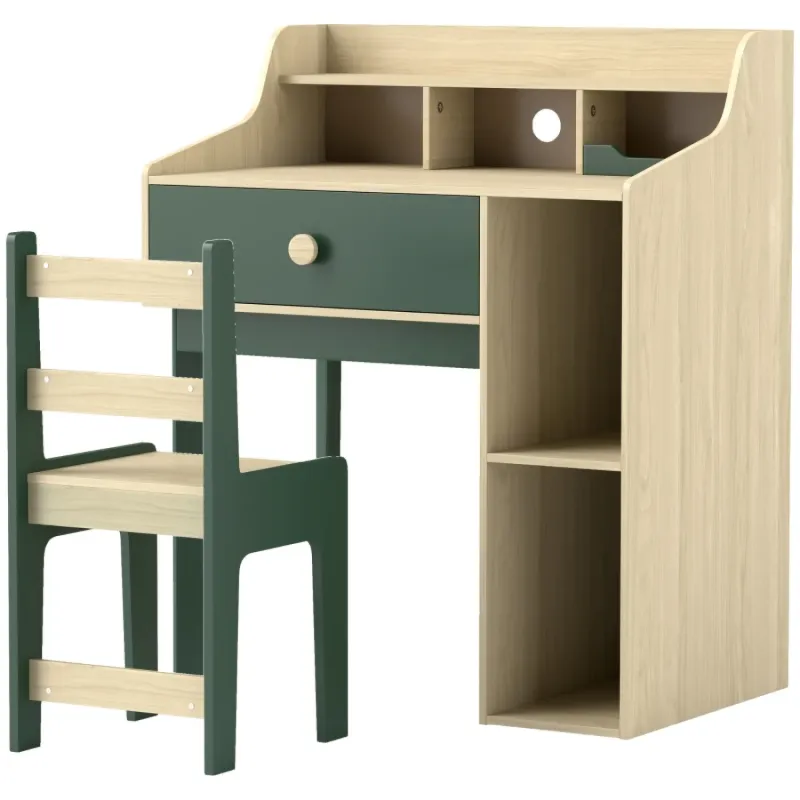AIYAPLAY Kids' Desk and Chair Set with Storage Shelves and Drawer - Green