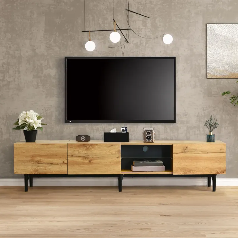 175cm Modern TV Stand with 16-Colour LED Lighting & 3 Storage Cabinets - Wood Grain & Black