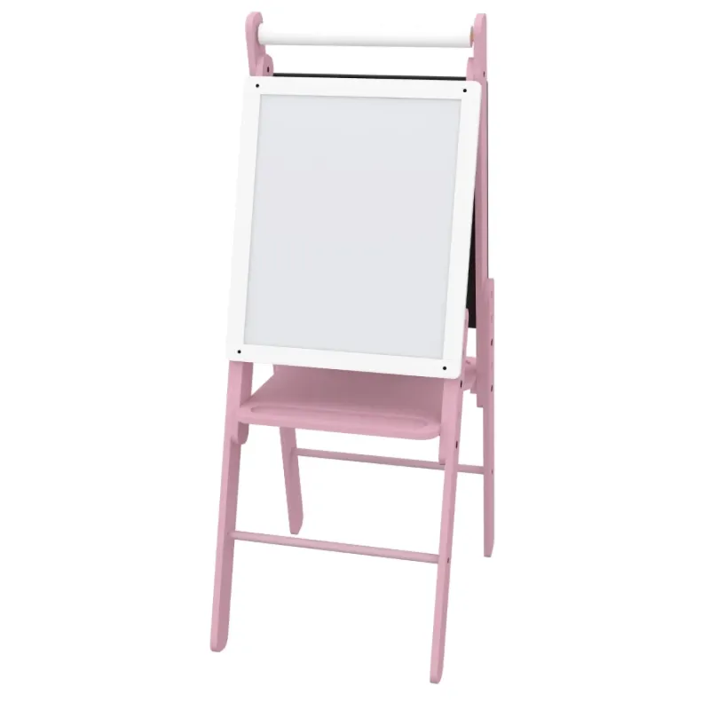 3-in-1 Kids' Wooden Art Easel with Paper Roll & Adjustable Height - Pink