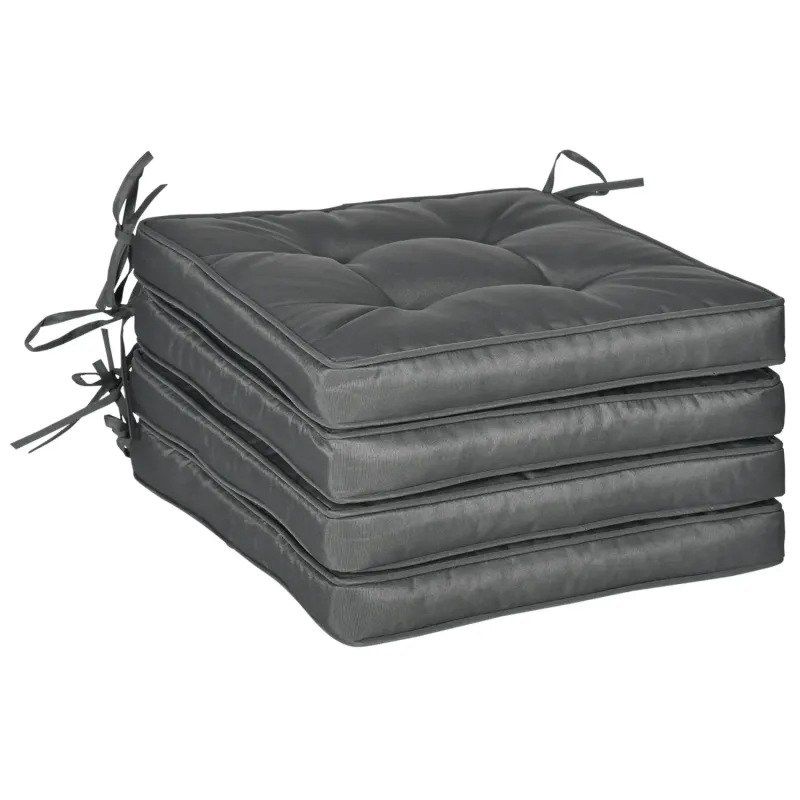 Set of 4 Square Garden Seat Cushions with Ties, 42 x 42cm - Grey