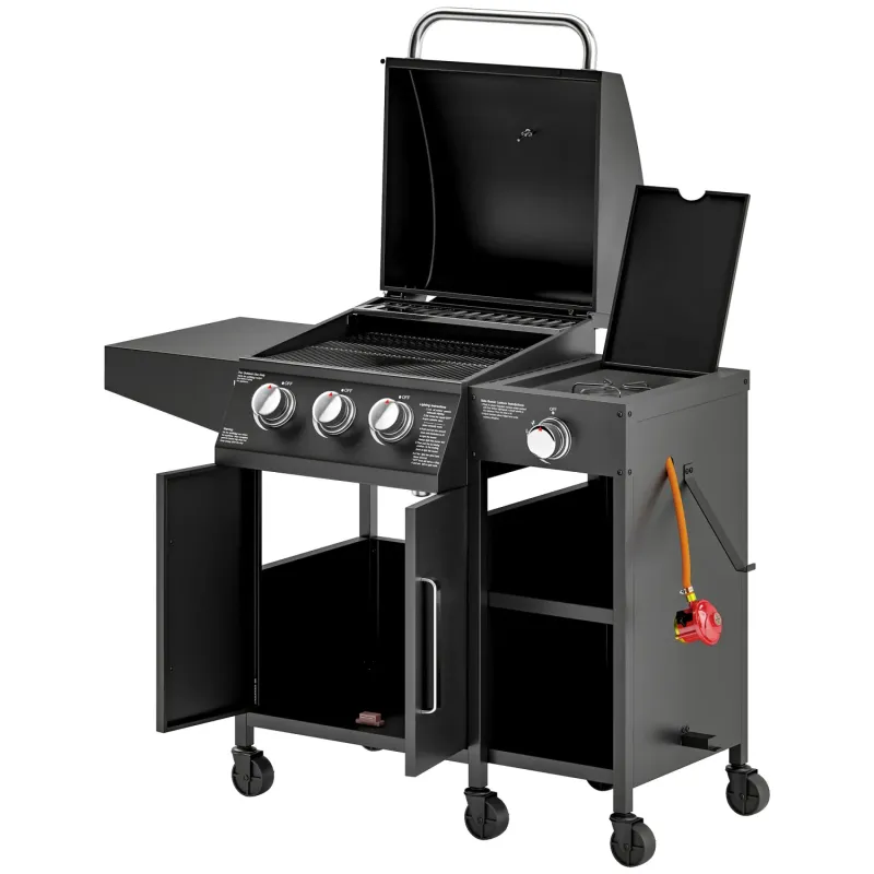  3+1 Burner Gas BBQ Grill with Side Burner and Storage Cabinet - Black
