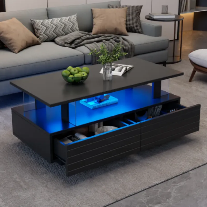 Modern Black LED Coffee Table with 2 Drawers & Open Storage - 100cm