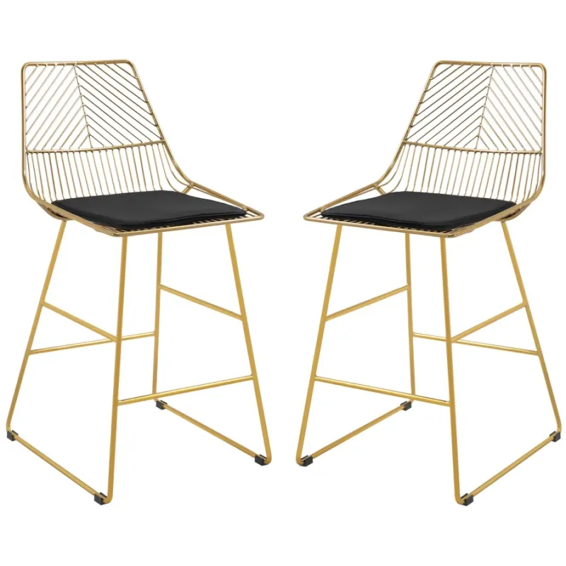 Set of 2 Gold Geometric Bar Stools with Velvet-Feel Cushions