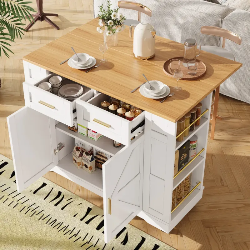 Mobile Kitchen Island Trolley with Foldable Breakfast Bar - White