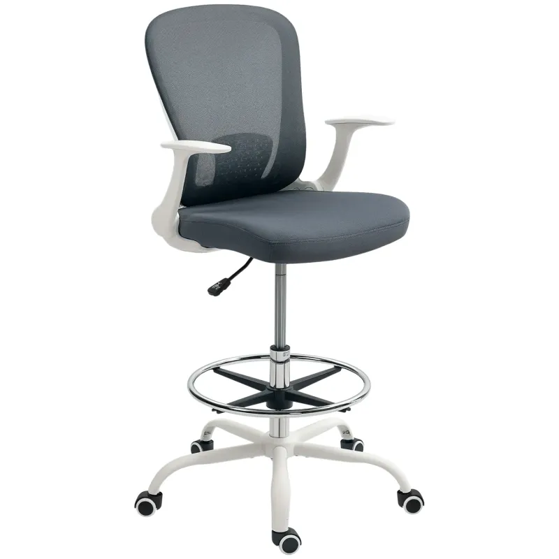 Mesh Draughtsman Chair with Flip-Up Armrests and Adjustable Foot Ring - Grey