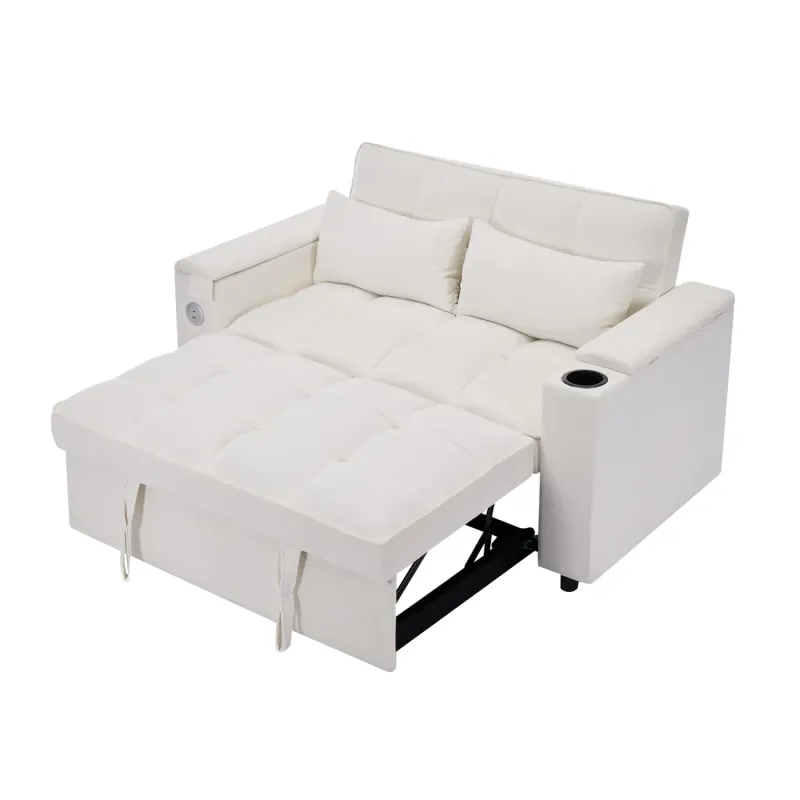Fabric Sofa Bed, 2 Seater, in Beige, with USB Ports & Hidden Table