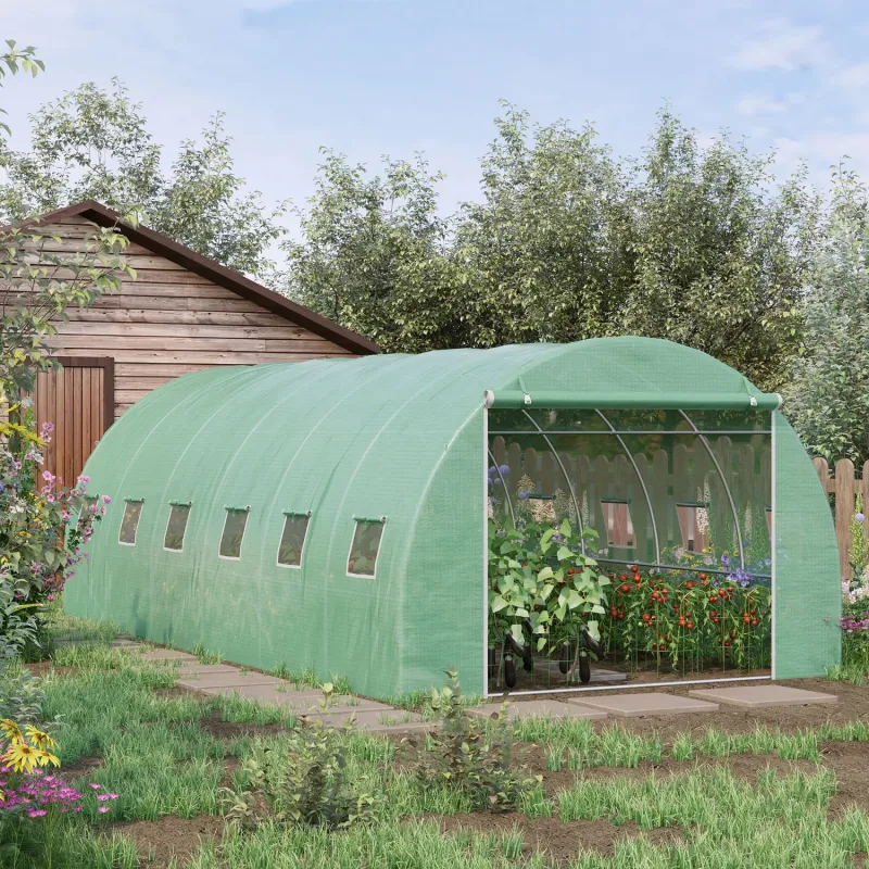  6 x 3 x 2m Walk-In Polytunnel Greenhouse with Galvanised Steel Frame and 12 Mesh Windows - Green