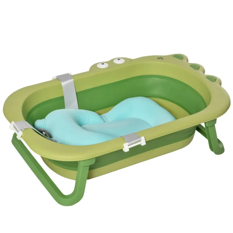 Crocodile Foldable Baby Bath Tub with Newborn Cushion – Green