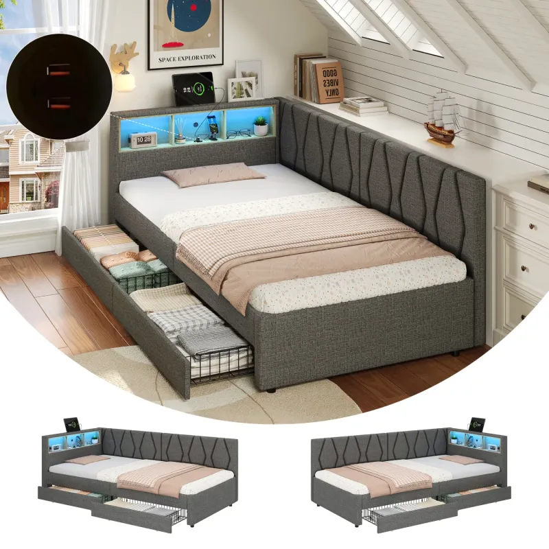 Single Grey Linen Daybed with LED Storage Headboard and Charging Station