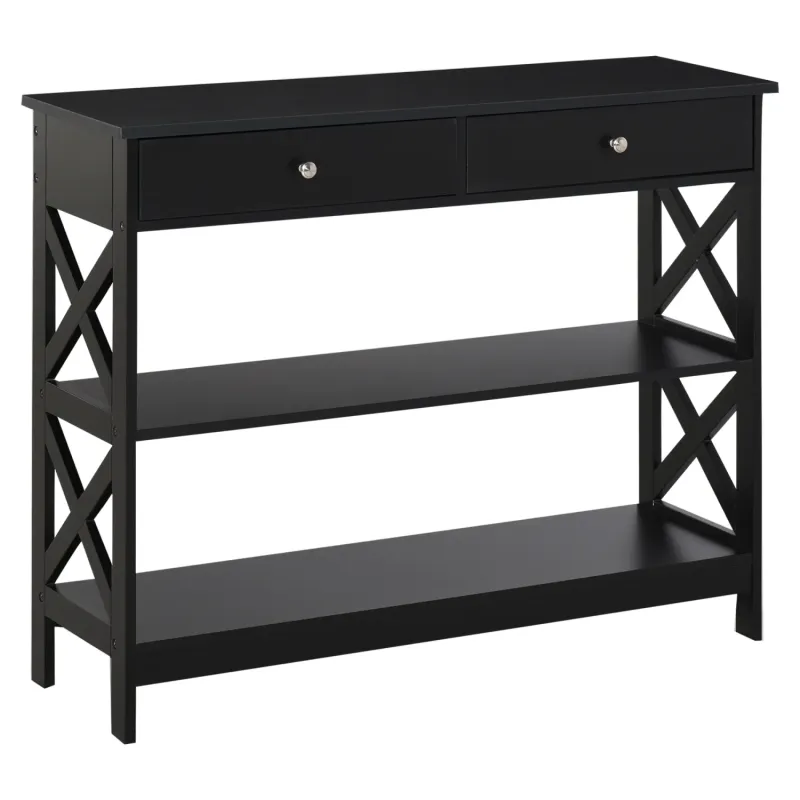 Black Console Table with 2 Drawers and 2 Shelves