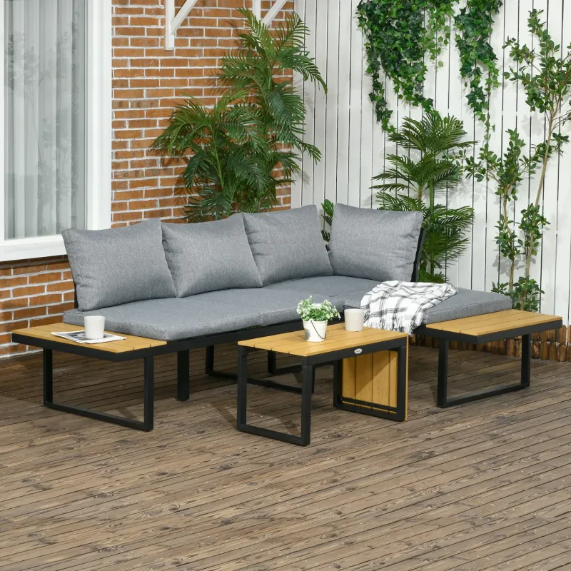  3-Piece Garden Corner Sofa Set with Wood-Effect Table - Dark Grey