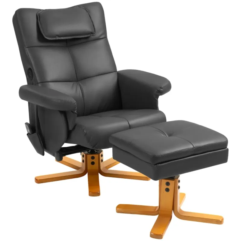 Faux Leather Massage Recliner Chair with Storage Ottoman & USB Charging - Black