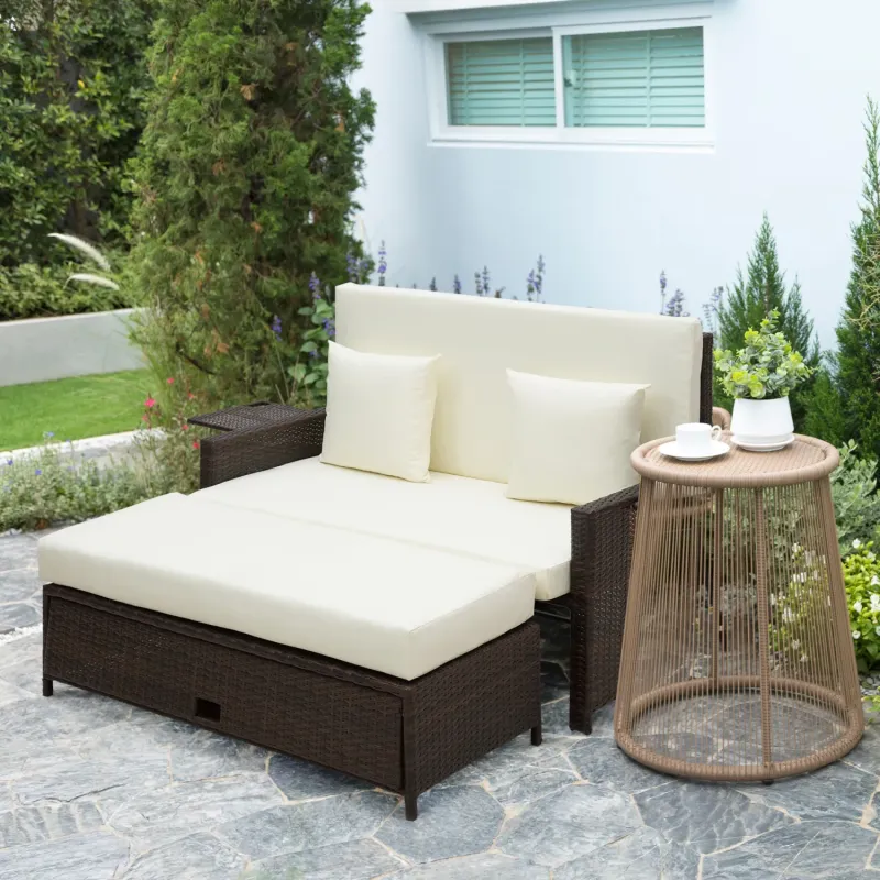  2-Seater Rattan Daybed with Adjustable Back and Footstool - Brown