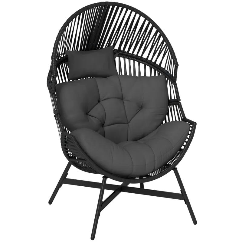  Rattan Garden Egg Chair with Thick Tufted Cushion and Headrest, Charcoal Grey