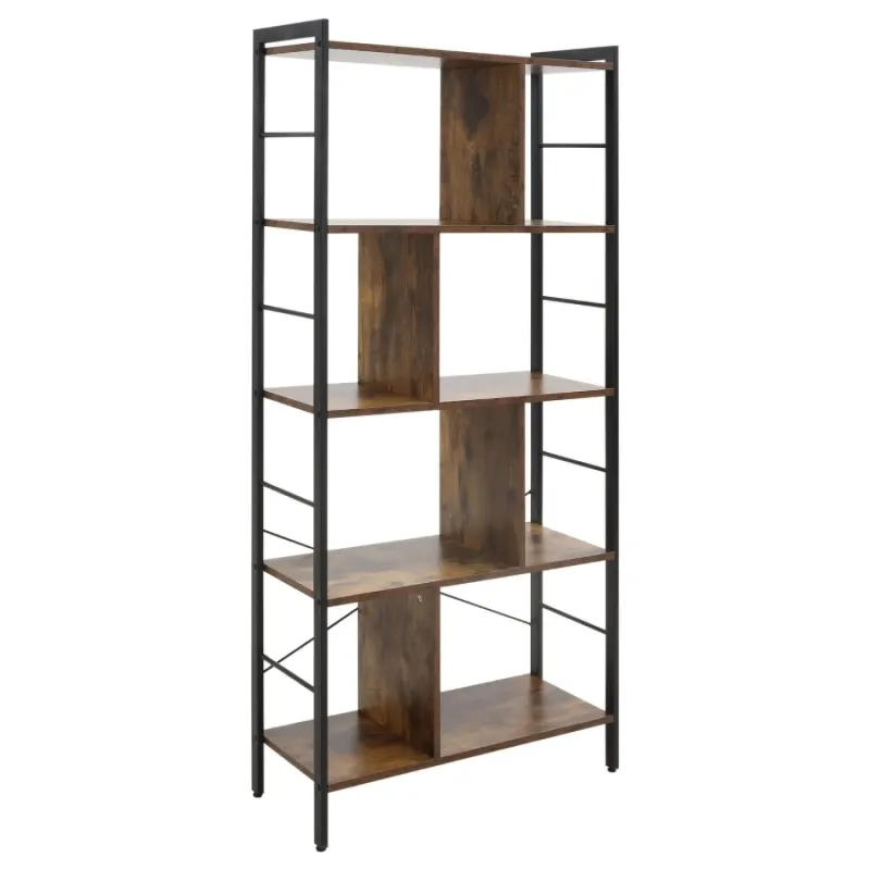5 Tier Industrial Bookshelf with Divided Shelves, Rustic Brown & Black