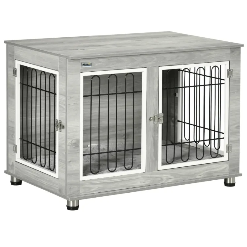 Indoor Dog Crate Furniture Side Table with Washable Cushion - Grey