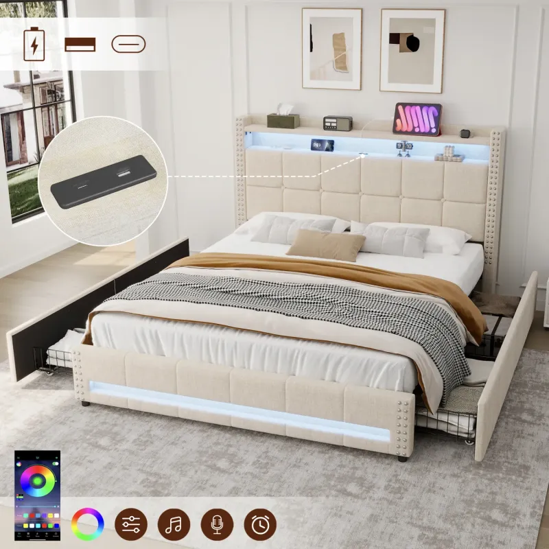 4ft6 Double Upholstered Storage Bed with LED Headboard, USB Ports and 4 Drawers - Beige Linen