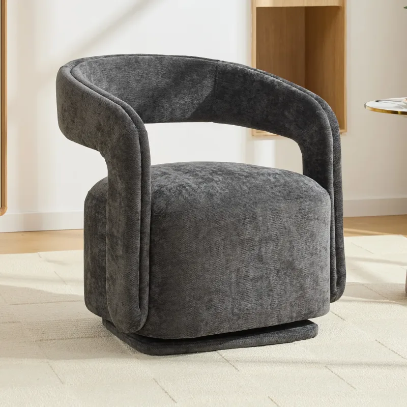 Chenille Fabric Armchair, in Dark Grey, with 360° Swivel Base
