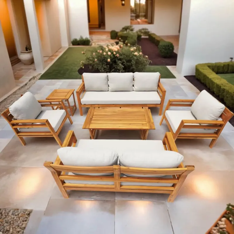 7-Seater Acacia Wood Garden Sofa Set with Coffee Table & Side Table - Teak Finish