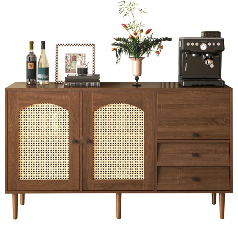 Country-Style Sideboard with Rattan Doors and Wooden Legs