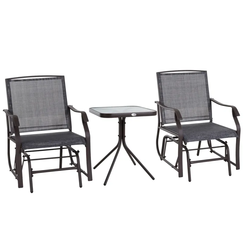 Glider Rocking Bistro Set with 2 Chairs and Glass Top Table, Grey