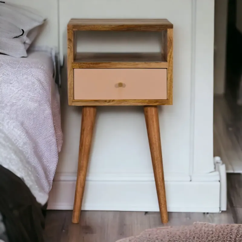Solid Mango Wood Bedside Table with 1 Drawer and Open Shelf in Blush Beige