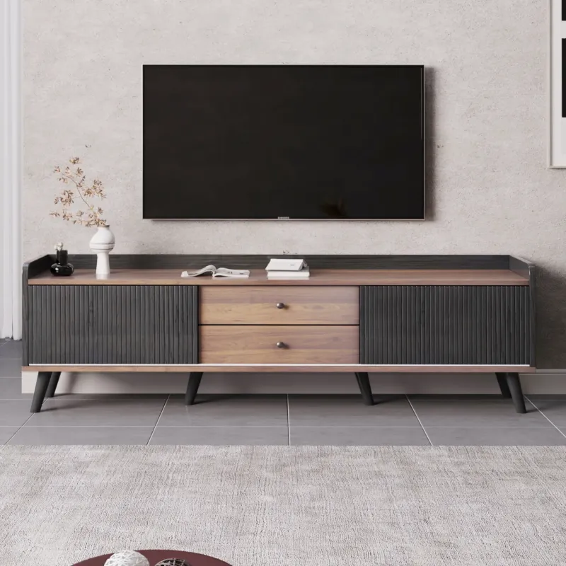 160cm Wood and Black TV Stand with Striped Sliding Doors and 2 Drawers