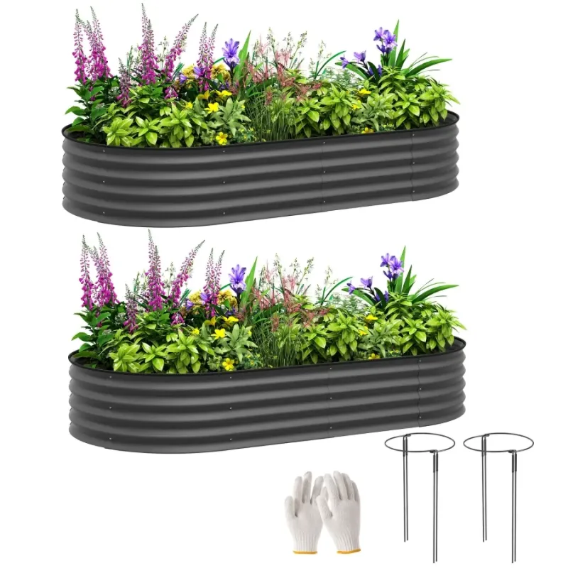Set of 2 Galvanised Steel Raised Garden Beds - 181 x 93cm - Dark Grey