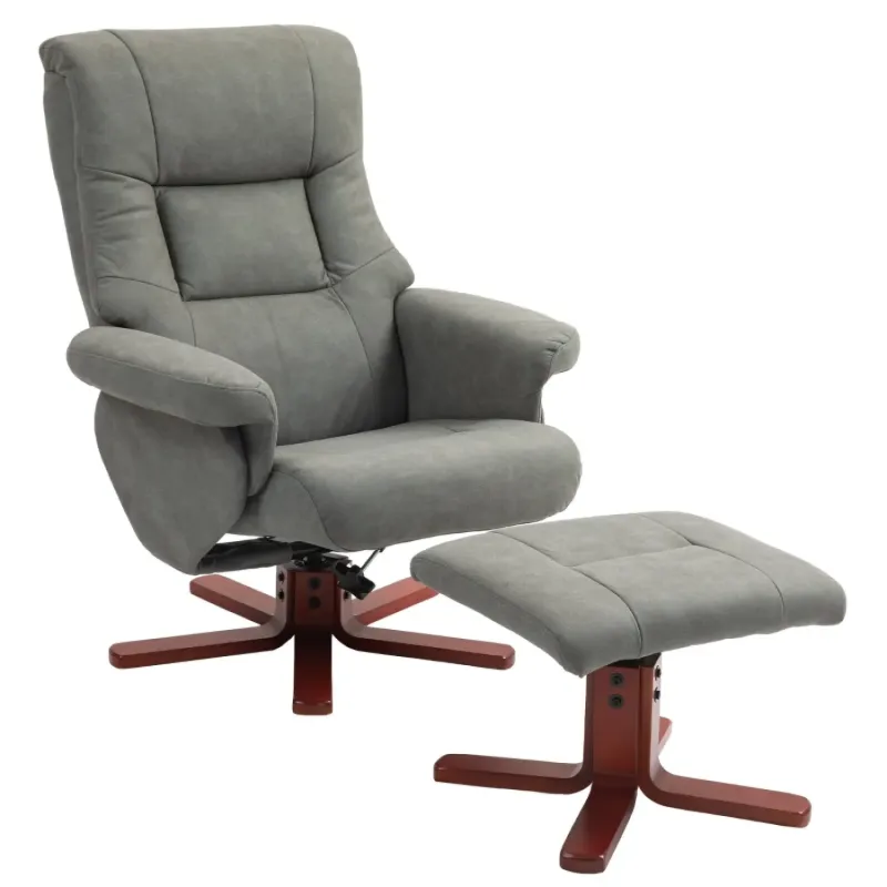 Microfibre Leather Bentwood Recliner Chair and Footstool, in Grey, with Rocking Motion
