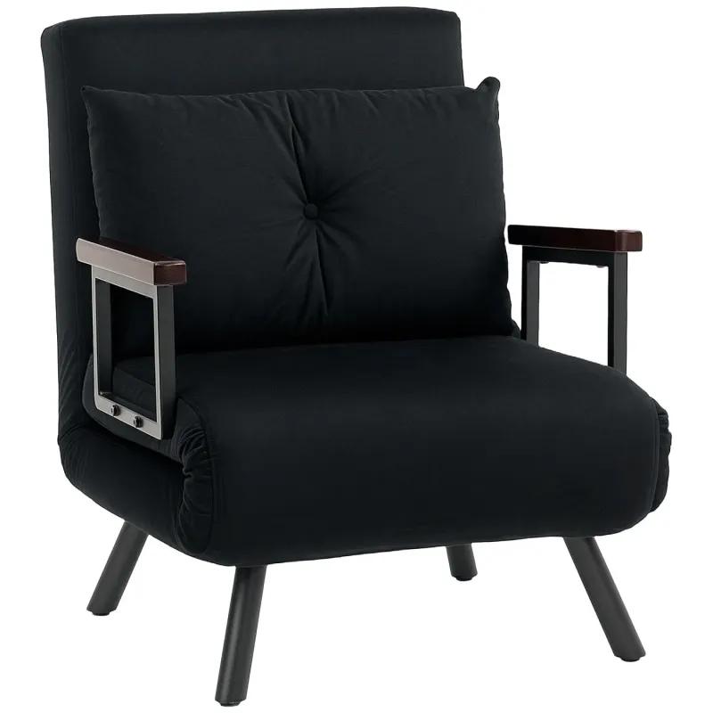 Velvet-Feel Sofa Bed, Single, in Black, with 4-in-1 Convertible Design and Wooden Armrests