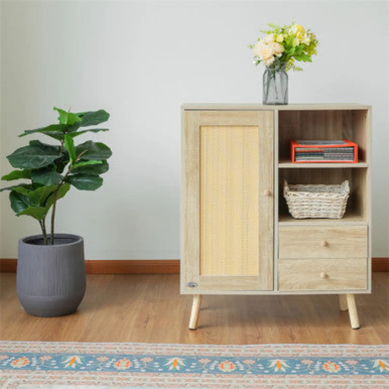 2-Door Rattan Storage Cabinet with Solid Wood Legs - Natural Wood Finish