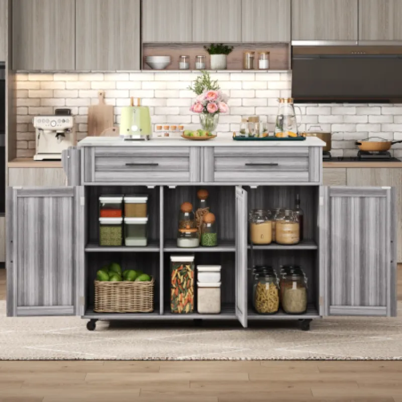 Khaki Kitchen Island with Foldable Wood Veneer Tabletop and 2 Drawers - 129cm
