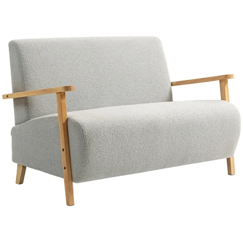 Light Grey Sherpa 2-Seater Compact Sofa with Wooden Frame