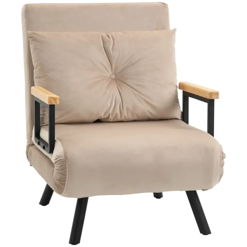 Velvet-Feel Single Sofa Bed, Single, in Beige, with 4-in-1 Design and Wooden Armrests