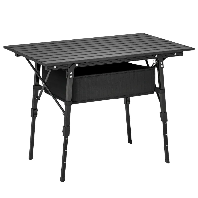 Aluminium Height Adjustable Folding Camping Table with Storage Basket, 90 x 55cm - Black