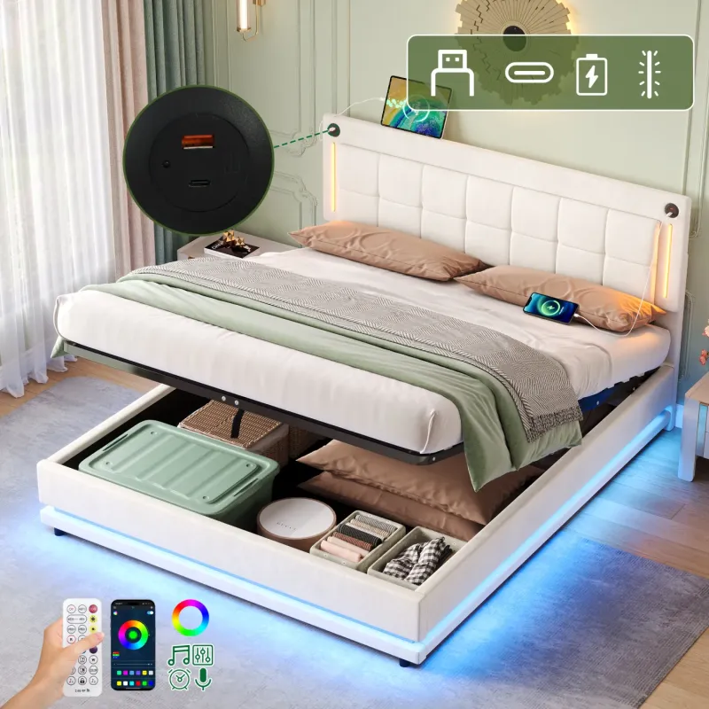 Double Beige Velvet Ottoman Storage Bed with RGB LED Lighting and USB Ports