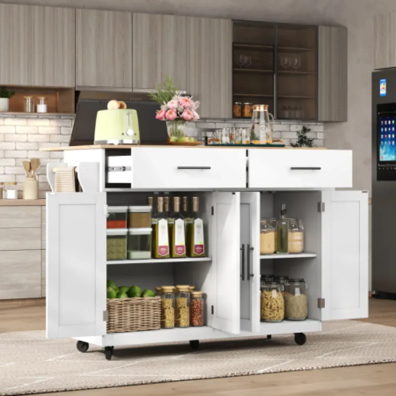 Kitchen Island with Dropleaf Table and Storage Trolley - White & Wood