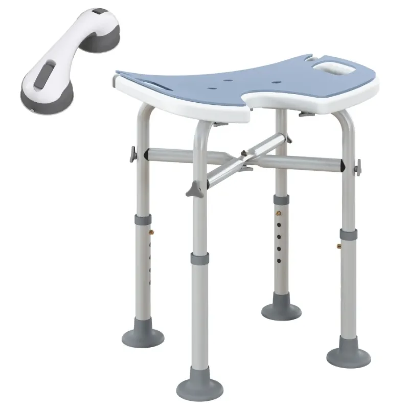 Height Adjustable U-Shaped Padded Shower Stool with Grab Rail - Light Blue