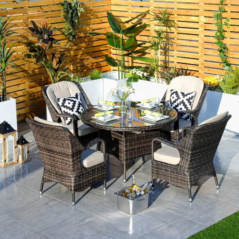 Palma Rattan Outdoor 4 Seater Dining Set in Brown, with a Round Table & Cushioned Chairs