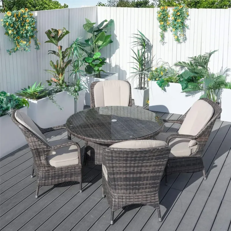 Rattan Garden Dining Set, 4 Seater Set, in Brown, with a Round Table & Cushioned Chairs