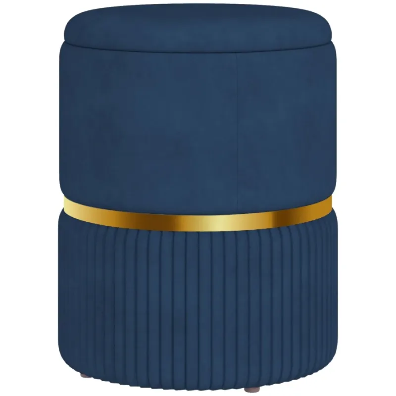 Velvet-Feel Round Storage Ottoman Footstool - Blue