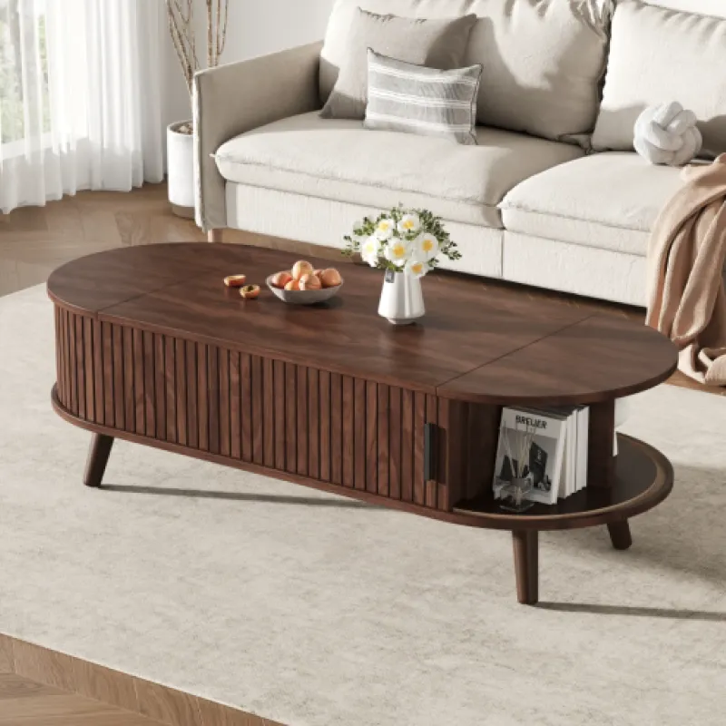 Oval Coffee Table, Wood Grain Finish in Dark Wood, with Lift-Up Top and Hidden Storage