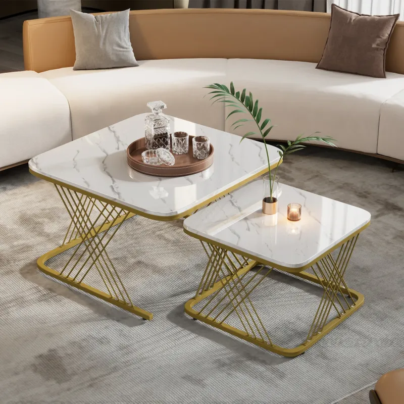 Nest of 2 Square Coffee Tables - White Marble Effect & Gold Frame